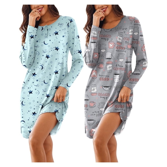 Ekouaer Sleep Shirts for Women 2 Pack Long Sleeve Nightgown Sleepwear Soft Pajama Tops Nightshirt