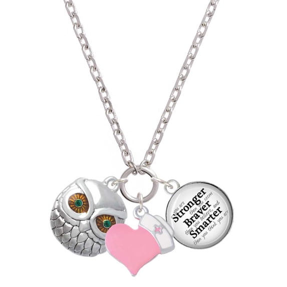 Delight Jewelry Silvertone Large Round Owl with Green Crystal Eyes - Light Pink Heart Nurse Strong Zoe Necklace
