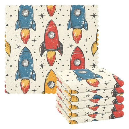 

6 Packs Hand Drawn Rocket Kitchen Dish Towels Soft Absorbent Dish Cloths 11 x11