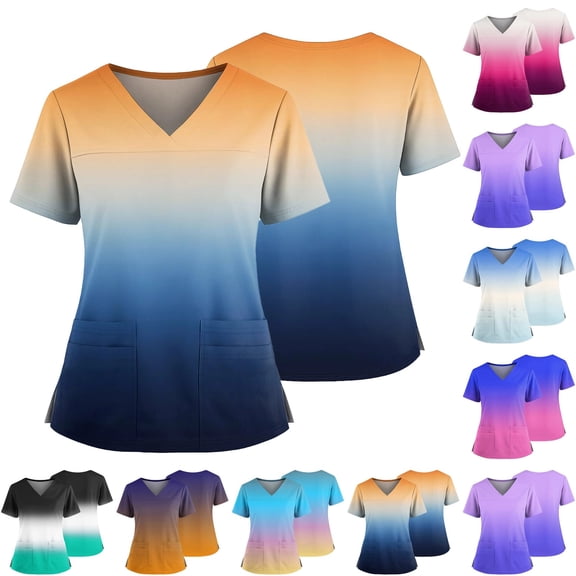 Gradient Color Scrub Tops Women V Neck Short Sleeve Stretch Nurse Uniform with 2 Pockets Functional Workwear, #01 Dark Blue, 5XL