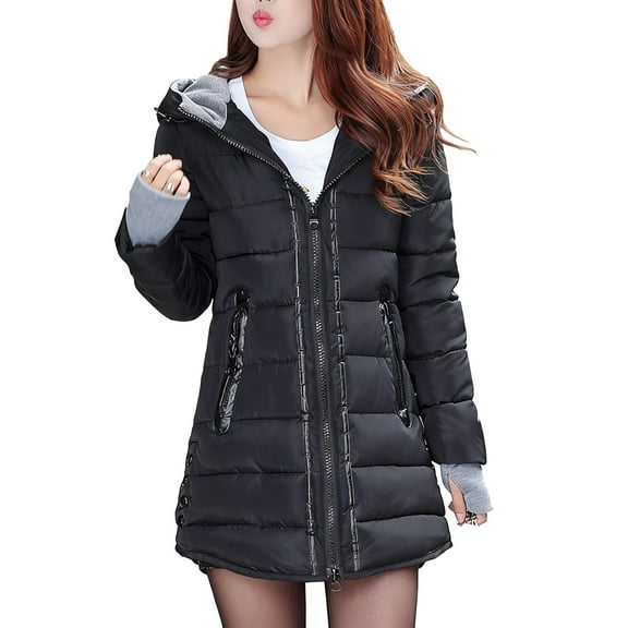 Women's Winter Down Parkas Long Sleeve Plush Padded Windbreaker Coats Warm Casual Comfortable Hooded Outerwear Black M