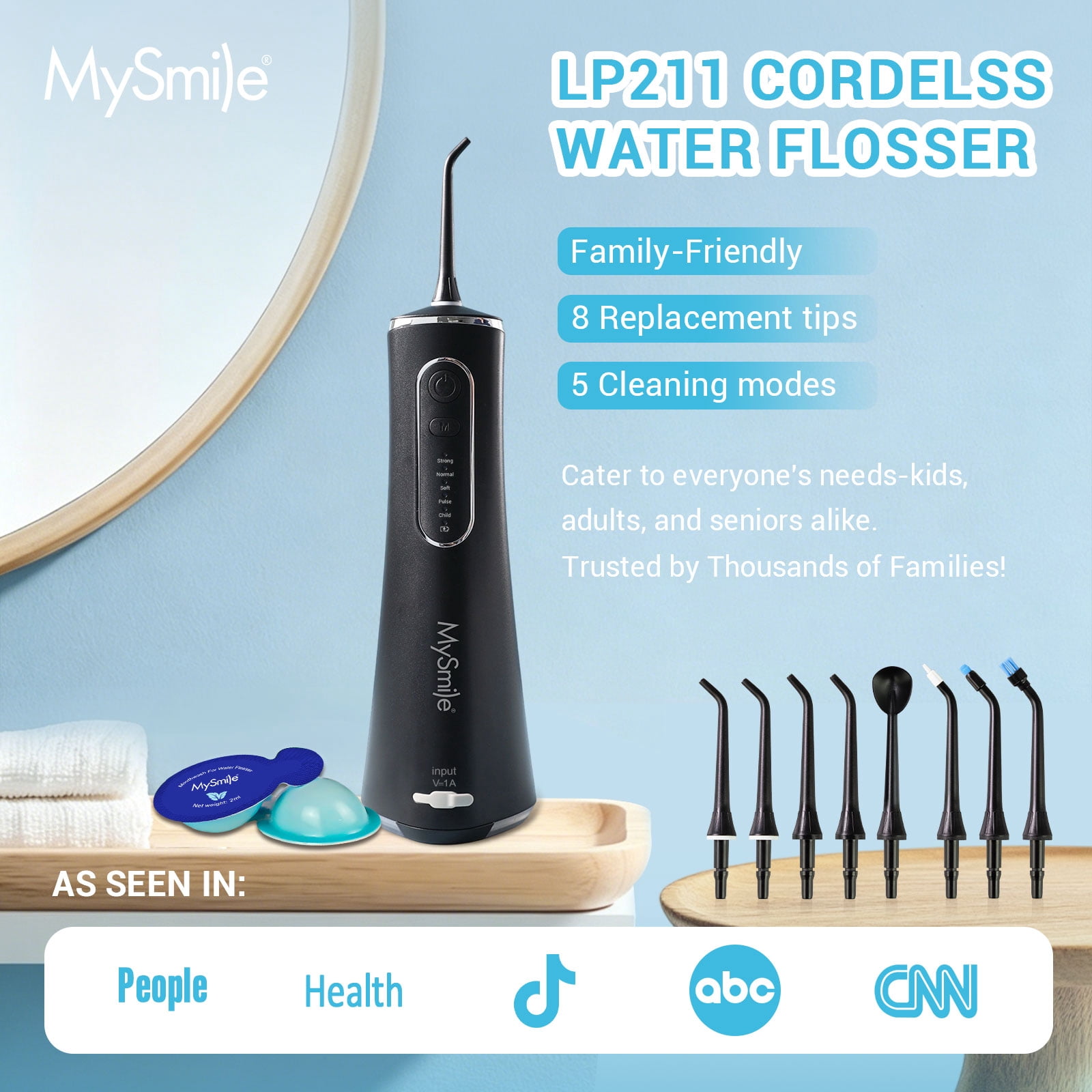 MySmile LP211 Portable Water Flosser Cordless for Teeth & 30pcs Mouthwash Combo, Power Water Dental Flosser Electric Picks, Rechargeable Oral Irrigator, Waterproof, 5 Modes, 8 Tips, Travel Bag, Black
