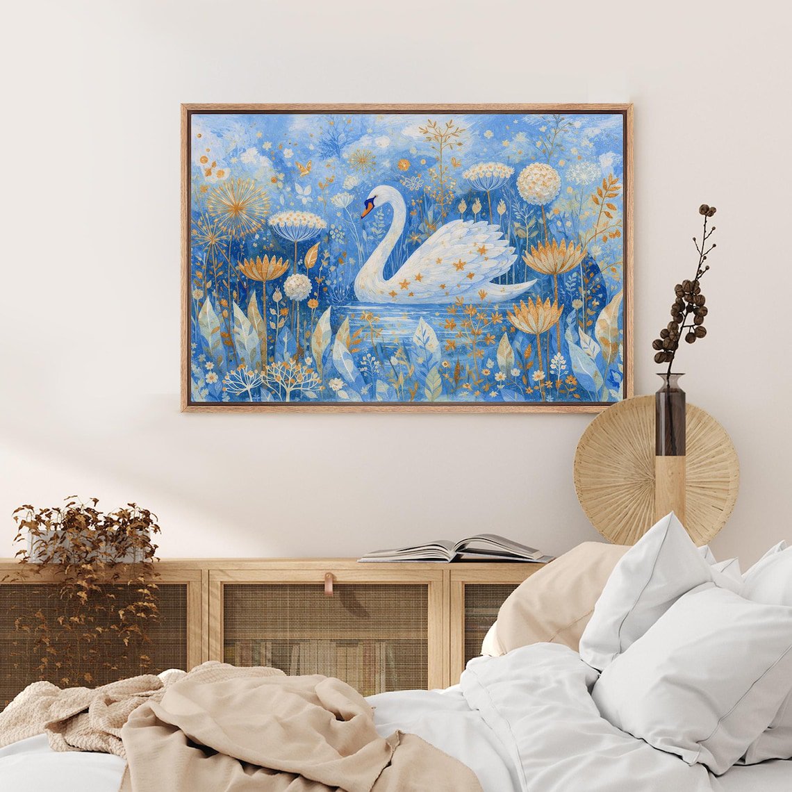 Fantasy Swan Floral Gold Botanical Wall Art Decor Unframed Paper Print