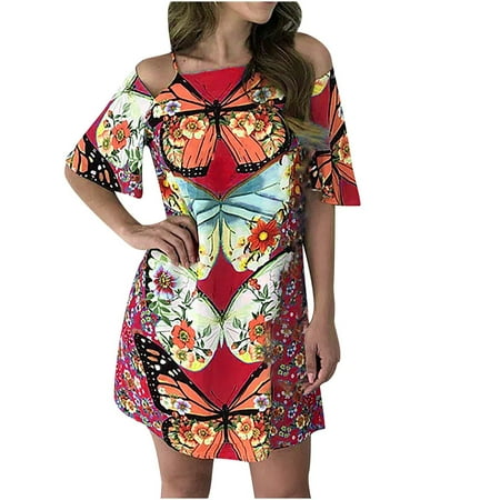 

Red Dresses for Women Black Dress Fashion Women Leisure Loose Fit Pinting Strapless Short Sleeve Mini Dress Dress Pants Women Midi Dresses for Women Summer Savings Clearance 2023 Red XL