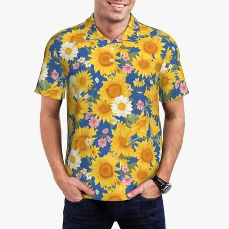Gaeub Vintage White Yellow Sunflower Print Men s Polo Shirts Short Sleeve Golf Performance Shirts Stretchy Golf Shirts Casual Summer Beach Shirts-Small