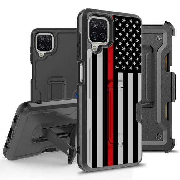 ANJ Rugged Hybrid Shockproof Case w/Kickstand Holster Clip Card Slot Cover for Samsung Galaxy A12 (2021 Release) - Red Thin Line