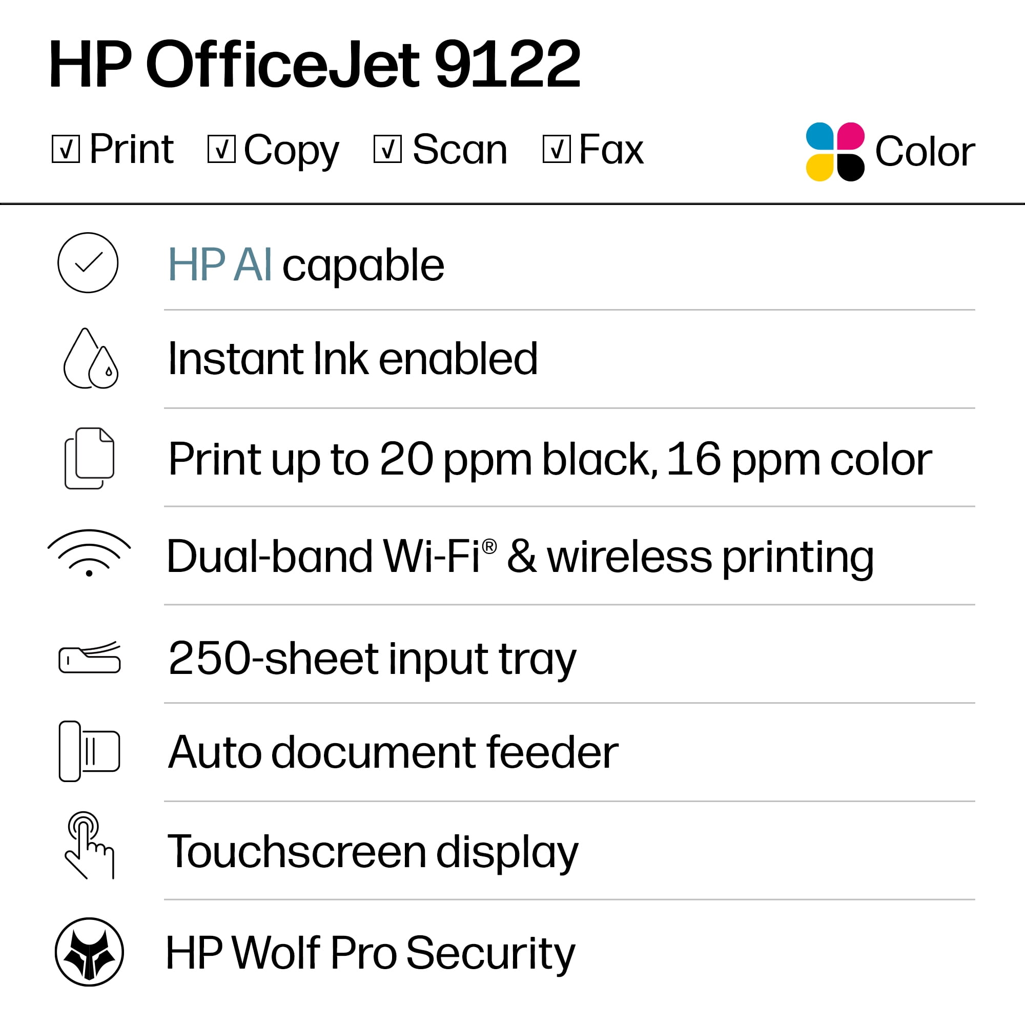 HP OfficeJet 9122 Wireless All-in-One Color Inkjet Printer, Scanner, Copier, Fax, 3mos Instant Ink