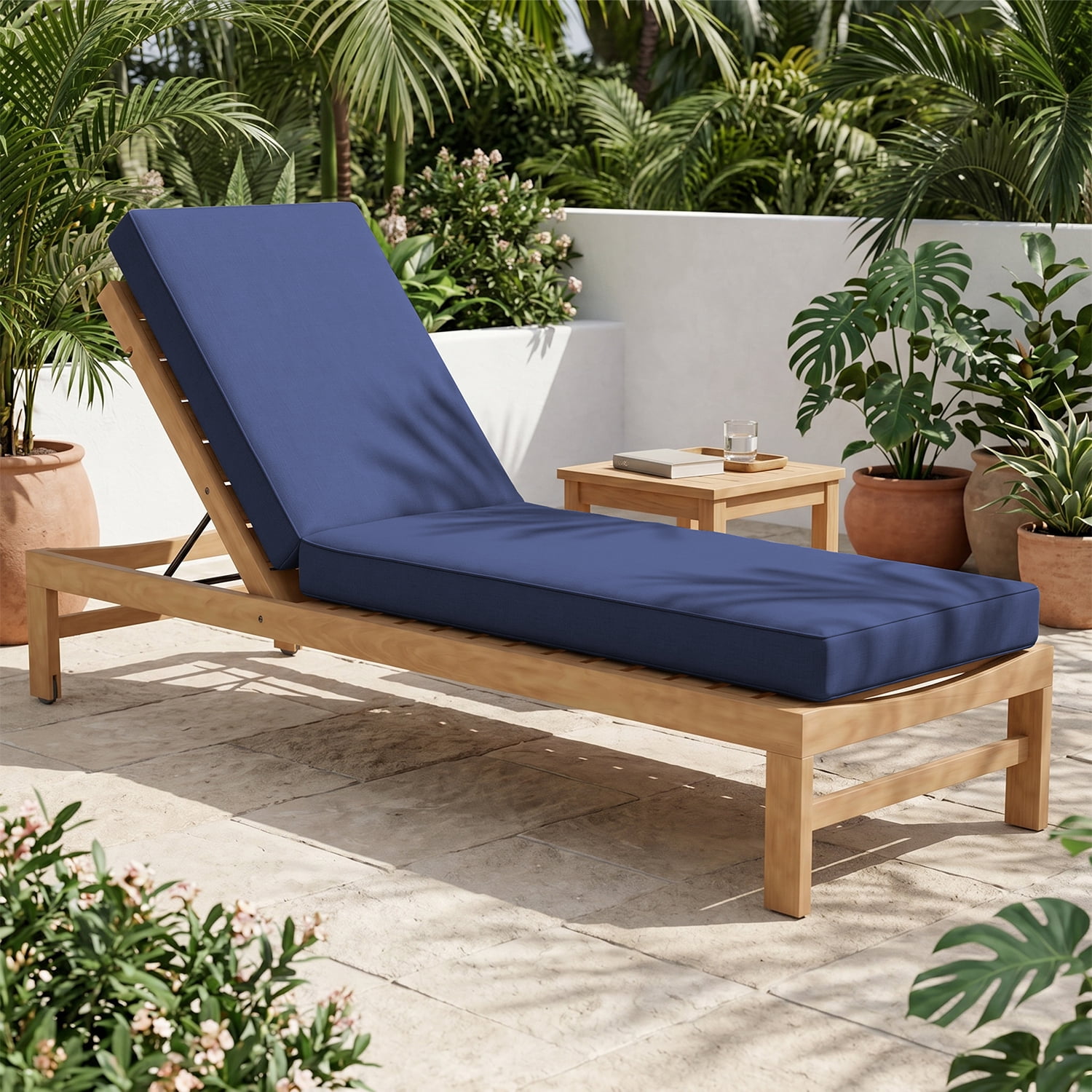 BaPiPro Navy Outdoor Chaise Lounge Cushion, Waterproof Patio Lounge Chair Pad with High-Density Foam, Removable Cover & Secure Ties for Poolside, Garden & Patio