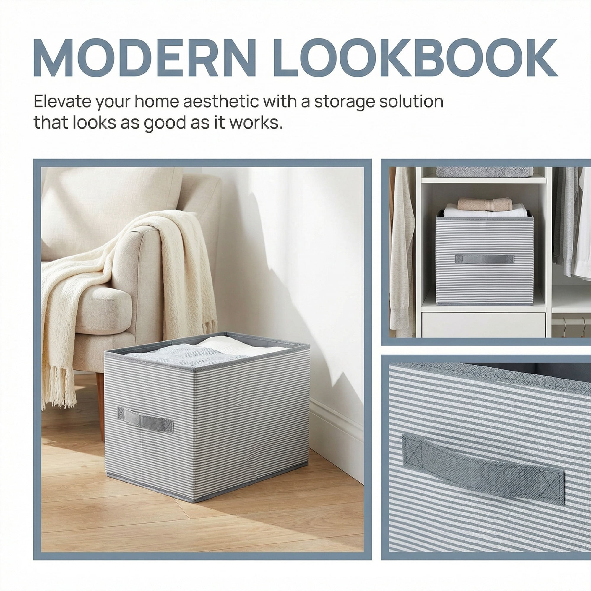 Unique Bargains 3pcs Fabric Storage Bin with Stripe Grey 19.7*13.8*12.6in