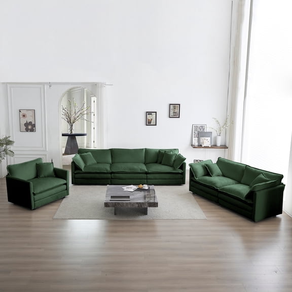 Modern Sofa Couch, 3 Piece Set Extra Deep Seat Sectional Sofa for Living Room, Oversized Sofa, 3 Seat Sofa, Loveseat and Single Sofa (Green)