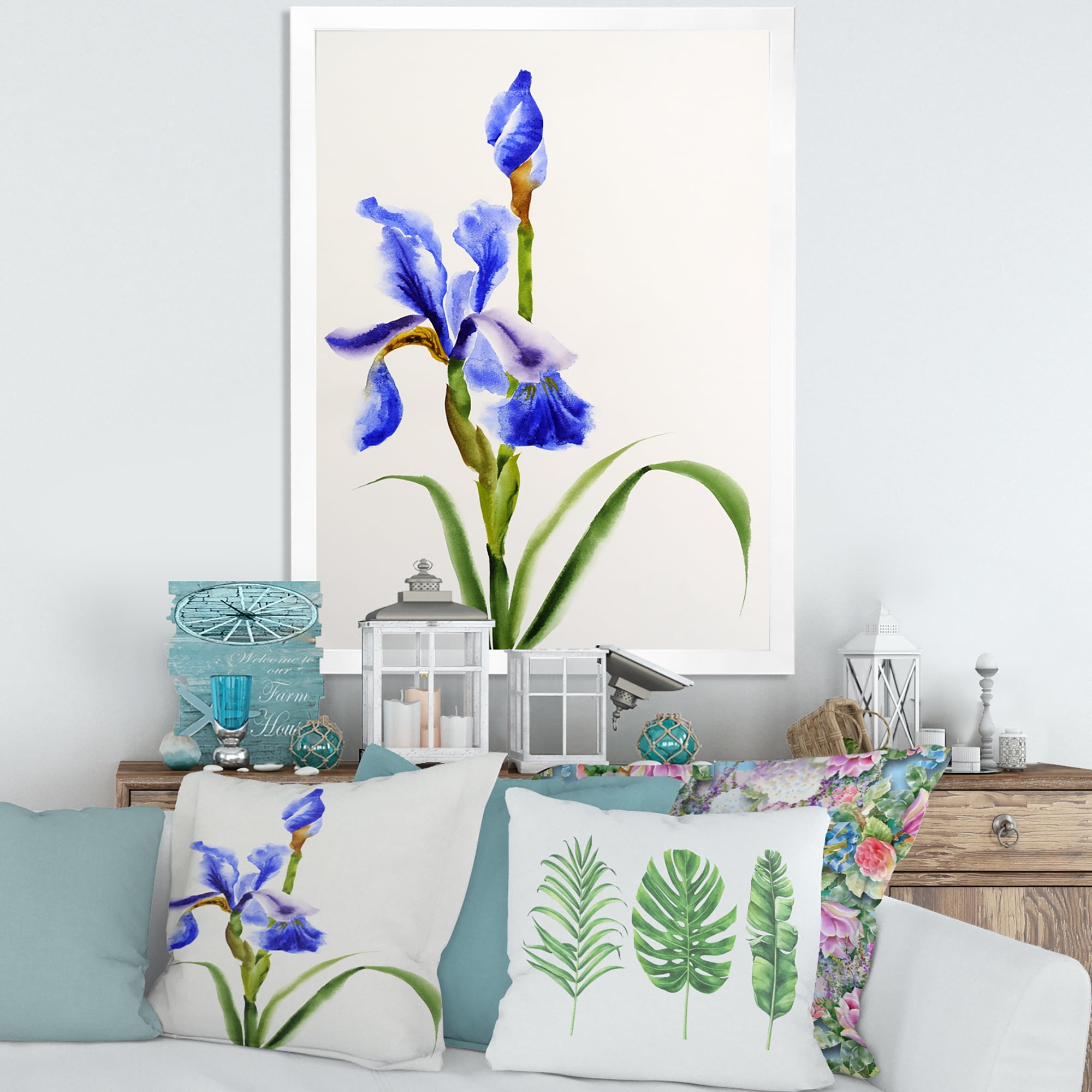 Designart 'Blue Iris Flower Retro Style' Traditional Framed Art Print