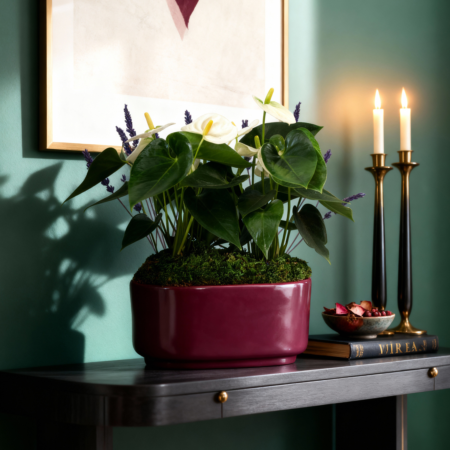 10IN White Anthurium Planter with Lavender – Dark Purple Pot