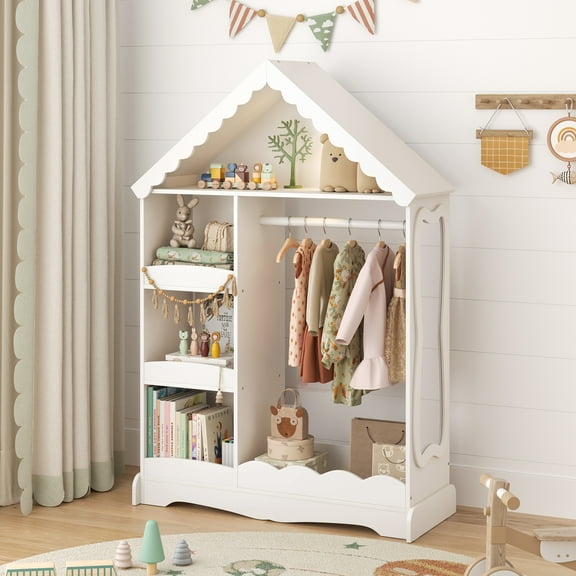 Curipeer Kids Dress Up Storage with Motion-Activated Light,Wood Armoire Wardrobe Closet with Mirror for Bedroom Playroom,White
