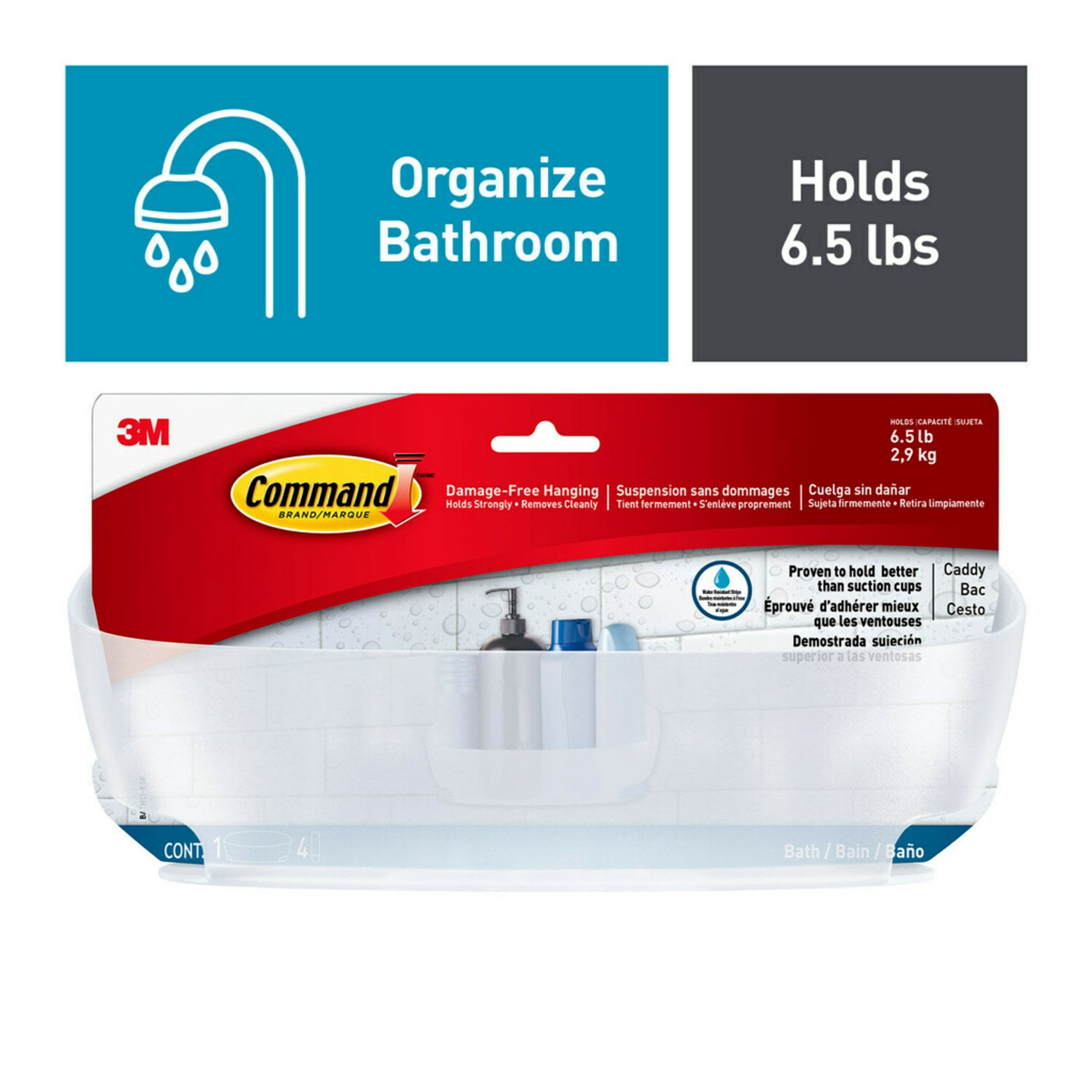 Command Shower Caddy with Water-Resistant Strips, Frosted, 1 Large Caddy, 4 Strips