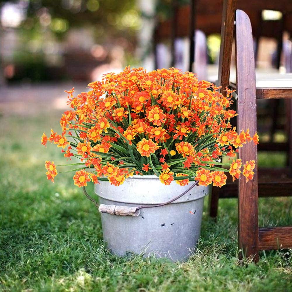 6 Bundles Outdoor Artificial Daisies Fake Flowers UV Resistant Shrubs, Faux Plastic Greenery for Indoor Outside Hanging Plants Garden Porch Window Box Home Wedding Farmhouse Decor (White)
