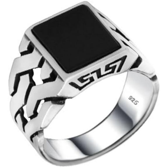 Vintage Men's Black Onyx Titanium Ring Cuban Chain Pattern Woven Ring