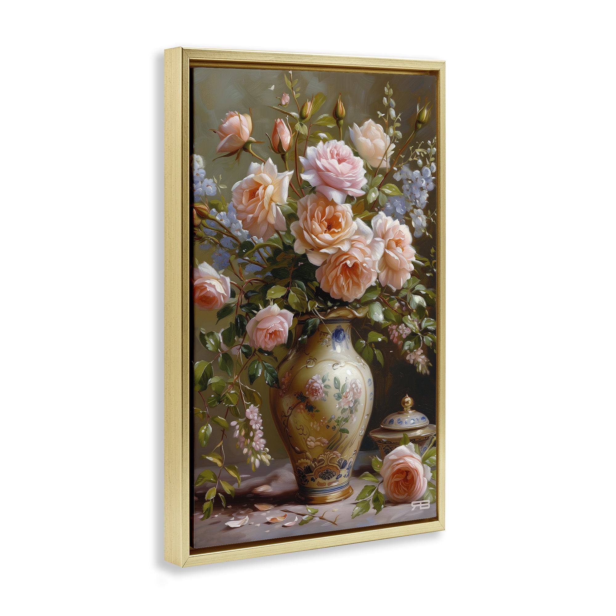 Stupell Industries Roses in Traditional Vase Botanical & Floral Painting Gold Floater Framed Art Print Wall Art, 21 x 31