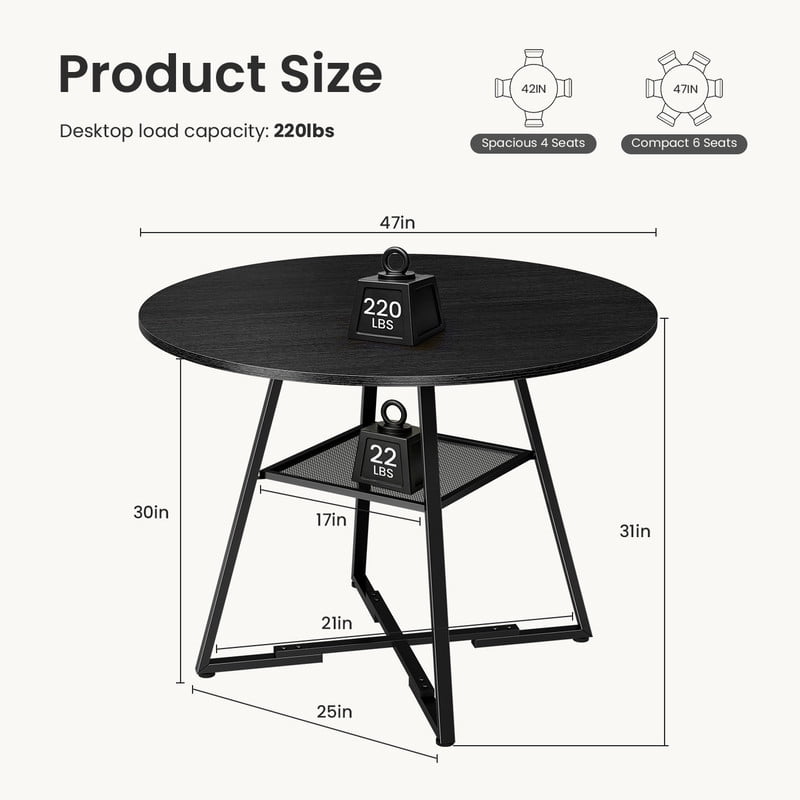 Gianna 47" Round Dining Table for 4-6, Space Saving Kitchen Table with Dual-Tier Storage, Pedestal Metal Frame, Industrial Farmhouse Circle Dinner Table for Apartment, Black