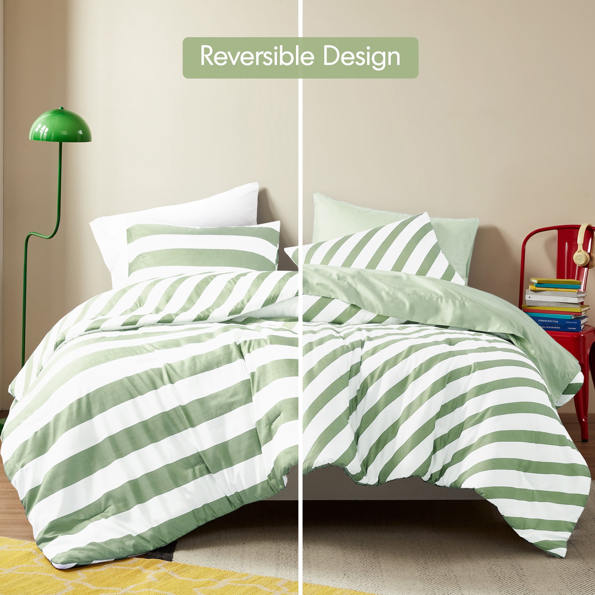 Regency Heights Essential Full Size Comforter Sets, 7-Piece Bed in a Bag Full, Reversible Striped Comforter Bed Set with Sheets, Sage