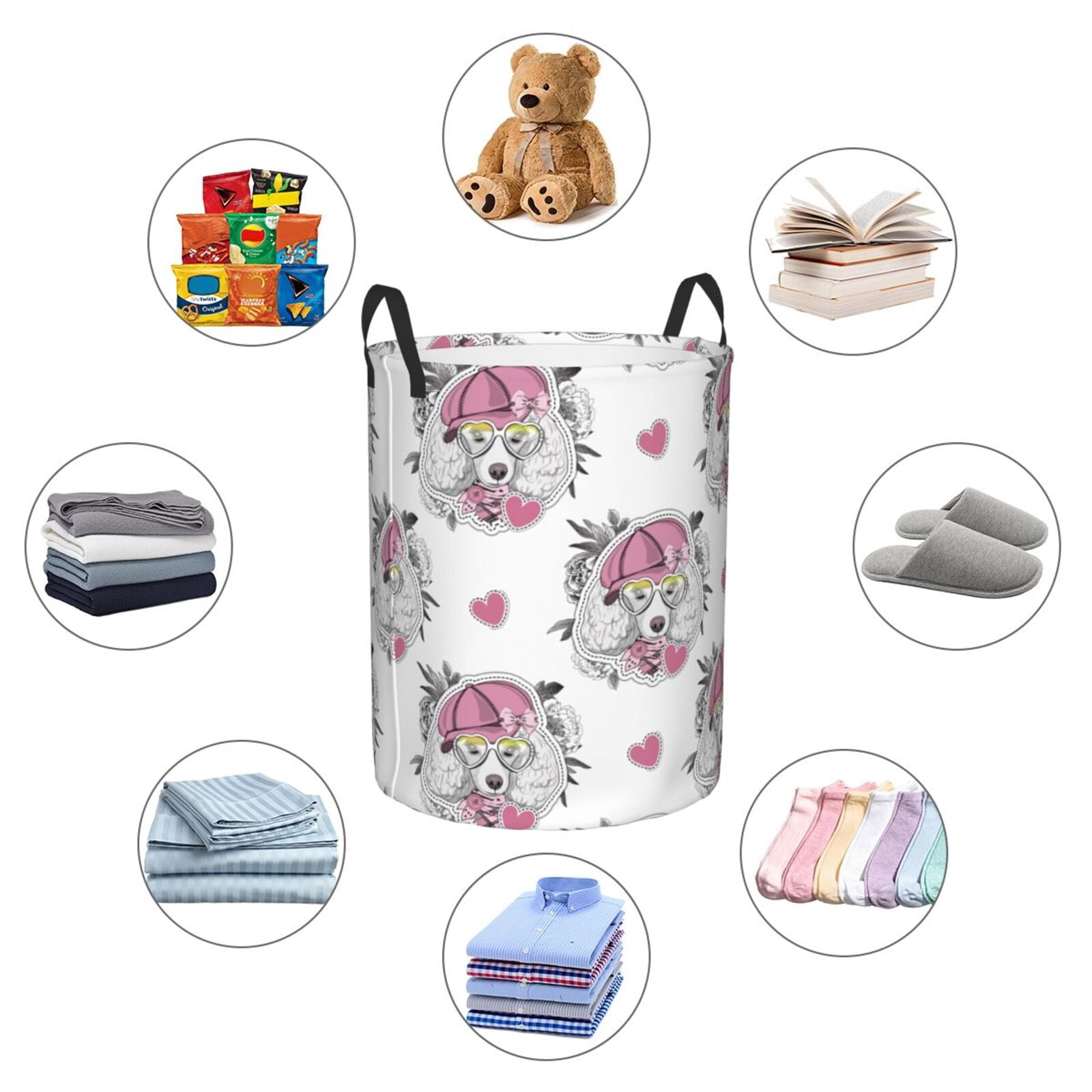 Large Laundry Basket with Handles - Artistic Cute Poodle Dog Pink_A Kids Baby Dirty Clothes Laundry Hamper for Bedroom Aesthetic