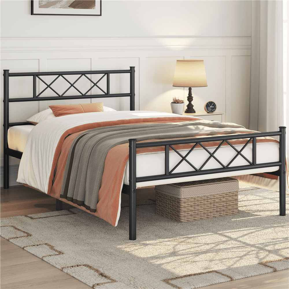 Fullfurnique Simple Metal Platform Bed Frame with Headboard and Footboard, Twin, Black