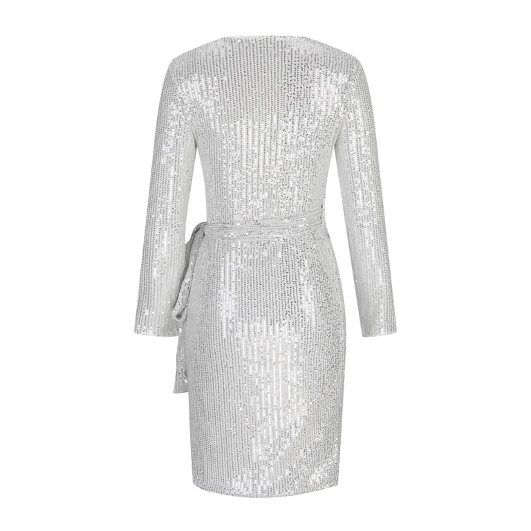 Lovskoo Women's 2024 Sequin Dress Long Sleeve Midi Dress V Neck Sparkly Glitter Wrap Dress with Belt White, Size: Medium