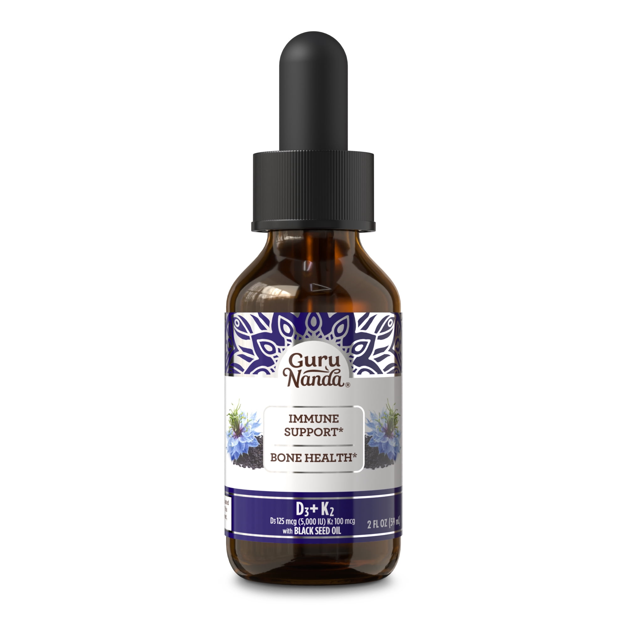 GuruNanda Cold Pressed Black Seed Oil Liquid Dietary Supplement with Vitamin D3 & K2-Supports Immune & Bone Health - 2 fl oz