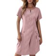 thumbnail image 2 of Tshirt Dress Women Cotton Linen Short Sleeve Crewneck Quarter Zip Midi Dress Casual Summer Dress with Pockets, 2 of 6