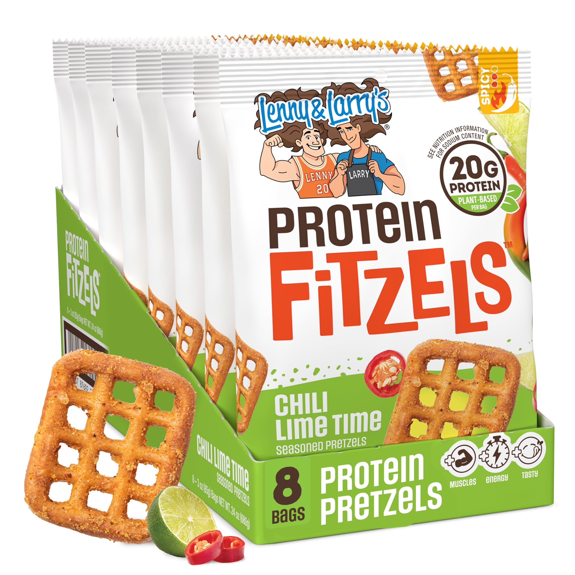 Lenny & Larry's Fitzels Protein Pretzels Snack,Chili Lime Time, 20g of Protein, 8 Pack