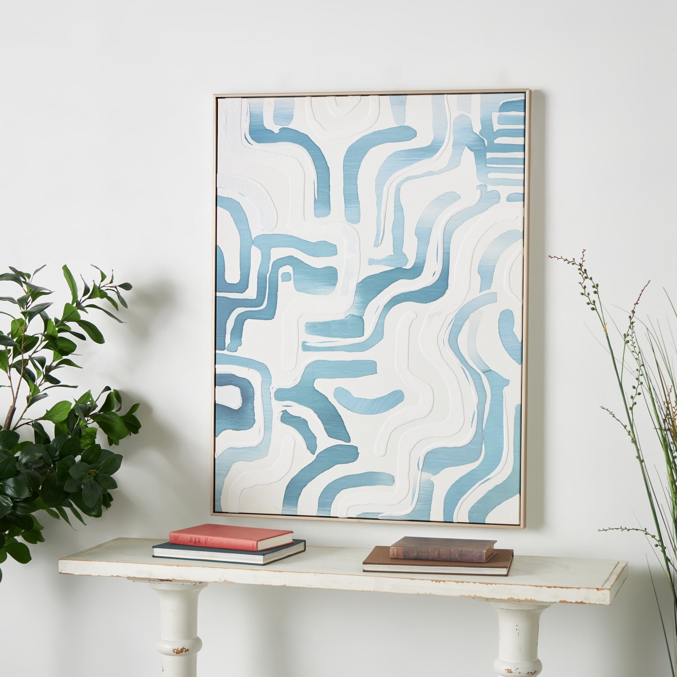 30" x 40" Abstract Framed Wall Art with Blue Wavy Lines and Brass Frame, by DecMode