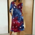 thumbnail image 2 of Women's 4th of July 250th Anniversary Artistic Pattern Dress 3/4 Sleeve Button Neck Midi Dress Loose Fit Casual Patriotic Independence Day USA Flag Soft Fabric Everyday Wear Dark Blue L, 2 of 4