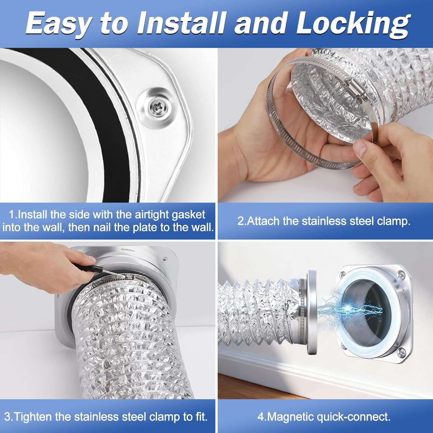 4 Inch Magnetic Dryer Vent Connector Kit Quick Connect Dryer Hose Coupling with Flexible Duct Clamps Dryer Vent Replacement Parts for Tight Spaces Easy Cleaning