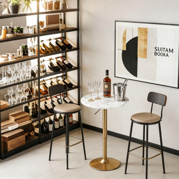 Round Cocktail Table Gold Height Adjustable 27.9-35.4 Pub Bar Table with Metal Base Modern Sturdy  for Kitchen Dining Room Office Home Bar