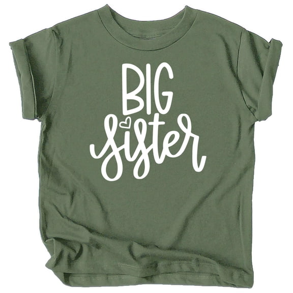 Big Sister with Heart New Sibling Announcement Shirts for Toddler and Girls Siblings White on Military Green Shirt 3T