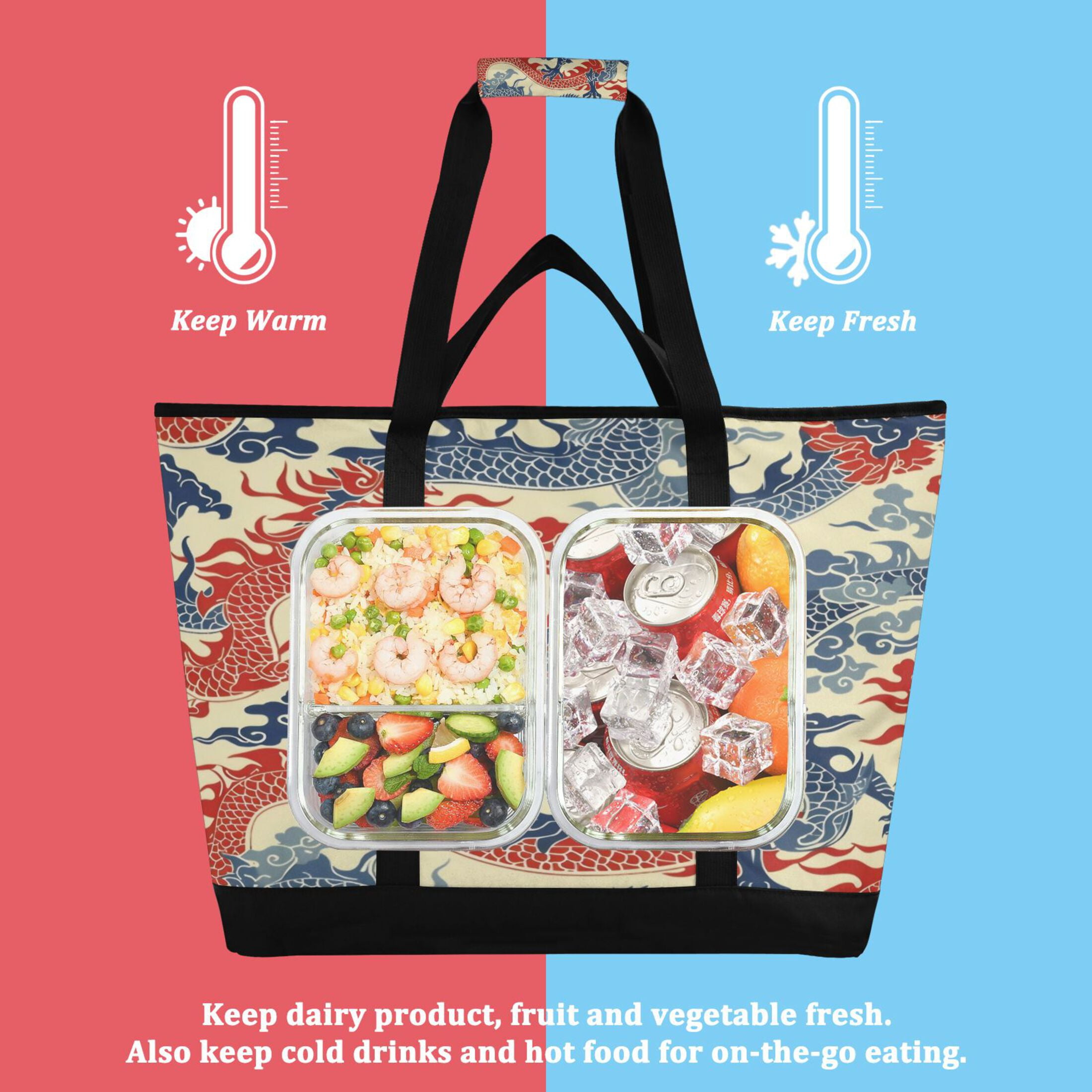 Large Hand-held Ice Pack Picnic Bag Insulation and Refrigeration Suitable for Shopping Picnics and Camping Red and Blue Dragon