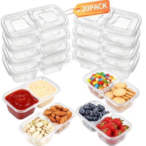 MOJINO Snack Containers with Lids, 20 Pack 7 oz Reusable Snack Pack Containers, 2 Compartment Condiment Cups with Lids, Sauce Cups for Lunch, Meal Prep, Travel