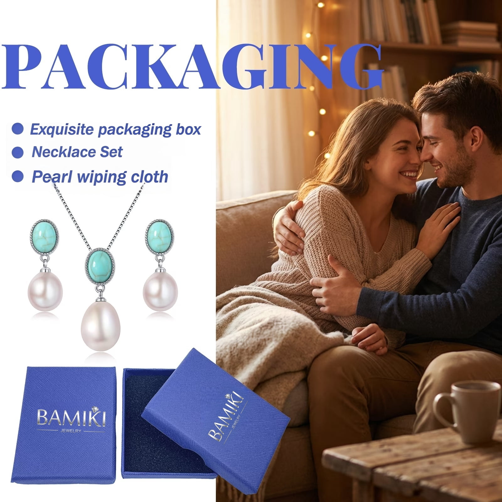 BAMIKI 9-10mm White Pearl Necklace and 8-9mm Earrings Set 925 Sterling Silver Valentine's Day Jewelry Gift for Women