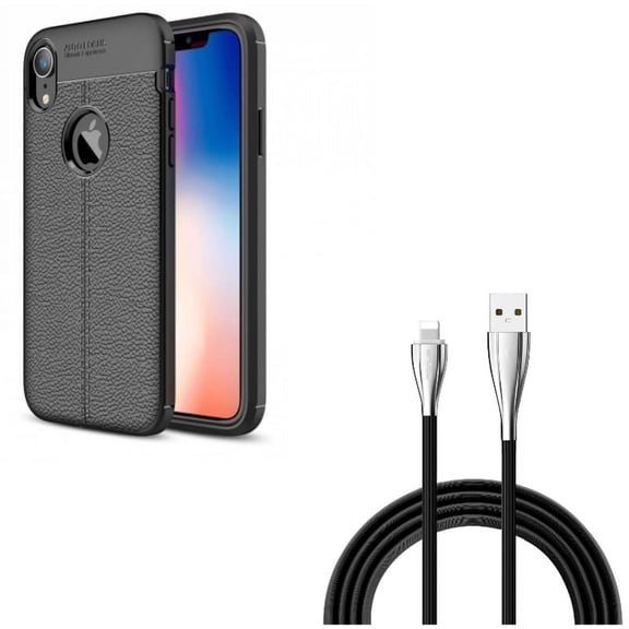 6ft USB Cable w Case for iPhone XR - Charger Cord Power Wire Long Sync, PU Leather Slim Fit Cover Reinforced Bumper Shock Absorbent Compatible With iPhone XR