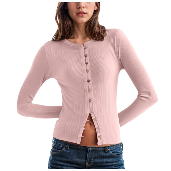 YDFCWXW Womens Slim Fitted Cardigan Long Sleeve Y2K Ribbed Tops Button Down Shirts Pink, S