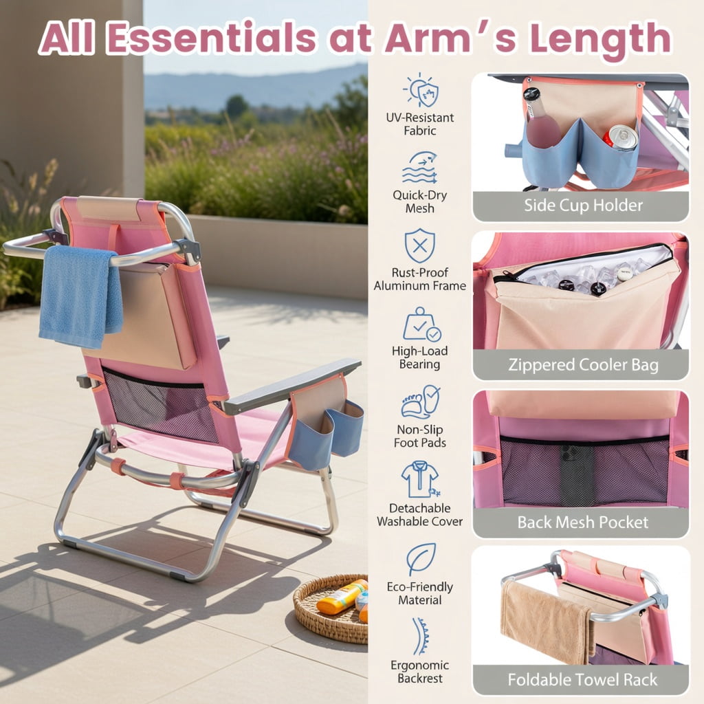 Hommoo 2-Pack Portable Beach Chairs with 5-Position Recline, Padded Headrest & Insulated Cooler Bag, Gradient Pink