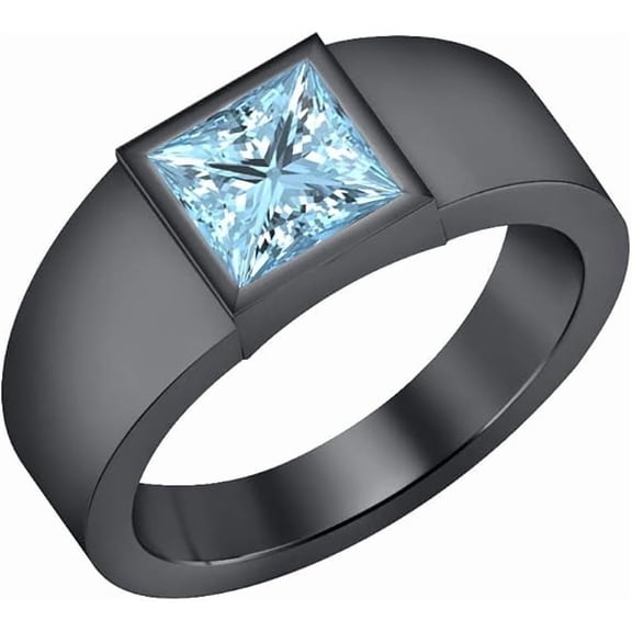 NYS Jewellers 1.45 Ct Princess Cut Aquamarine Mens Enagagement Rings 14K Black Gold Plated 925 Sterling Silver -6.5