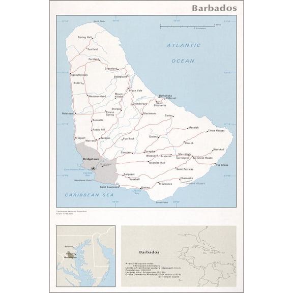 24"x36" Gallery Poster, cia map of Barbados 1976