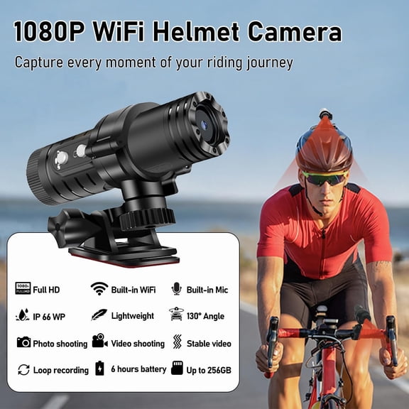 WiFi Helmet Camera, HD 1080P Bike Motorcycle Helmet Camera, IP66 Waterproof Action Camera for Cars, Bicycle, Motorbike & Sports Helmet (Without Card)