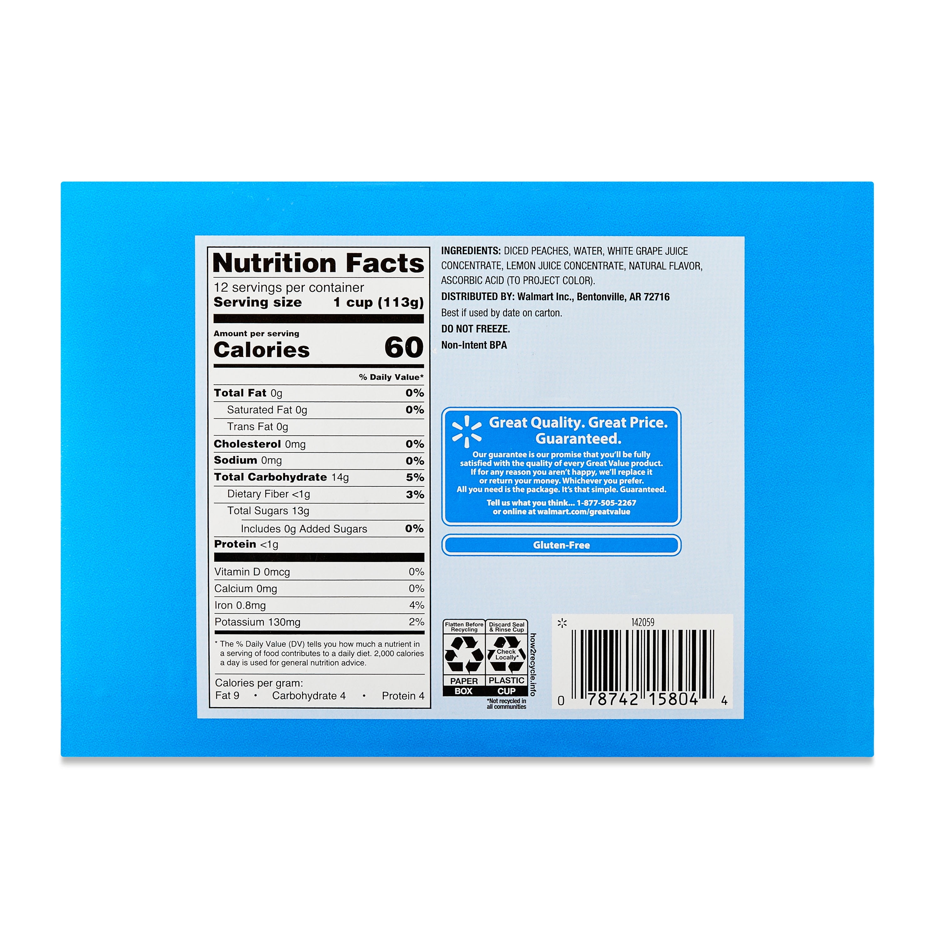 Great Value Diced Yellow Cling Peaches in Juice, 4 oz, 12 Count