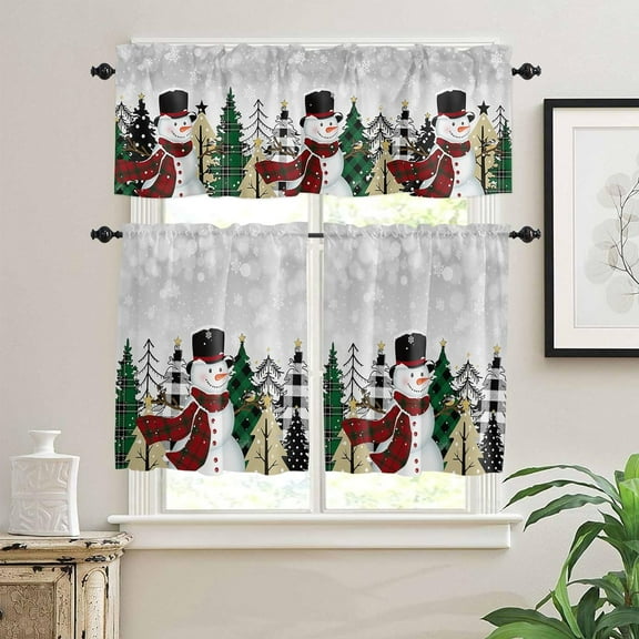 Kitchen Curtains Tiers and Valances Set, Christmas Snowman Snowflake Tree Scarf Winter Gray Rod Pocket Valance Short Window Decor Curtains for Kitchen Cafe Bathroom, 27.5"x24", 3 Pieces Set