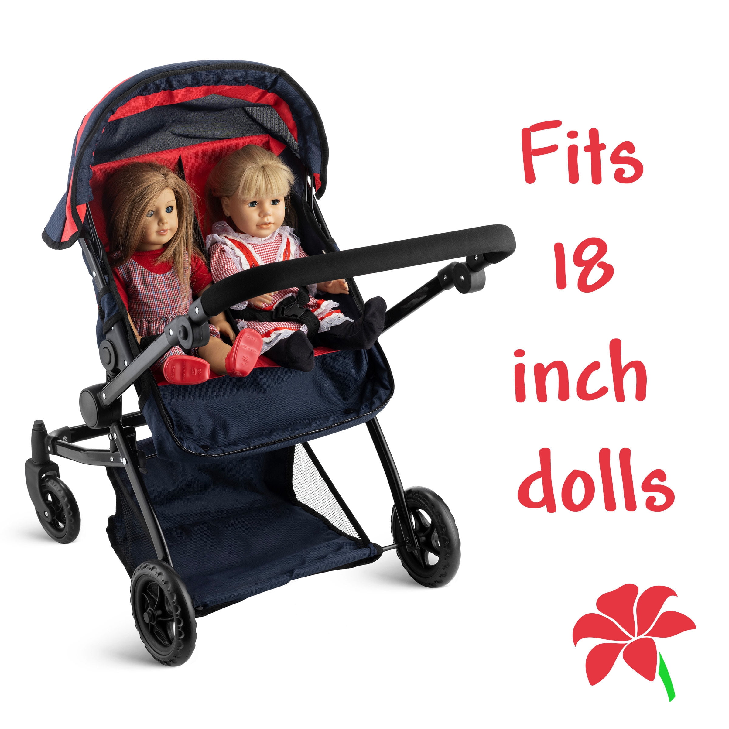 HUSHLILY - Reversible Double Doll Luxury Stroller with Adjustable Canopy & Basket (Red & Denim Blue)