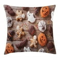 thumbnail image 1 of Cookie Throw Pillow Cushion Cover, Sweets Covered in Chocolate Dipped in Frosting Halloween Theme Ghosts and Pumpkins, Decorative Square Accent Pillow Case, 16" X 16", Multicolor, by Ambesonne, 1 of 2