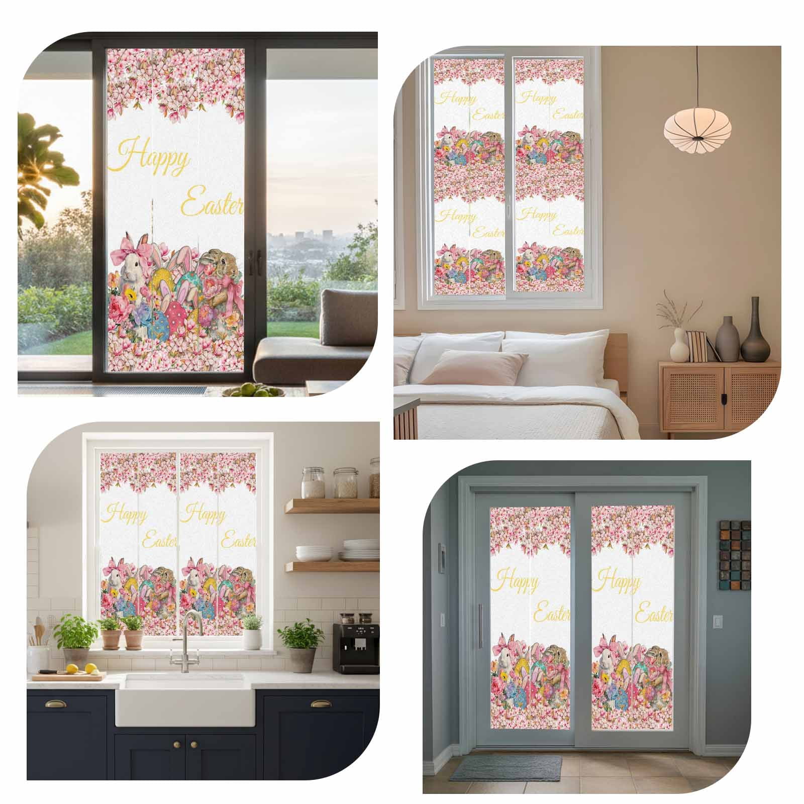 Happy Easter Window Privacy Film, Spring Bowknot Rabbits Flowers Eggs Frosted Glass Window Clings Static Cling UV Heat Blocking Reusable Door Sticker for Bathroom 35.4 x 78.7 Inch