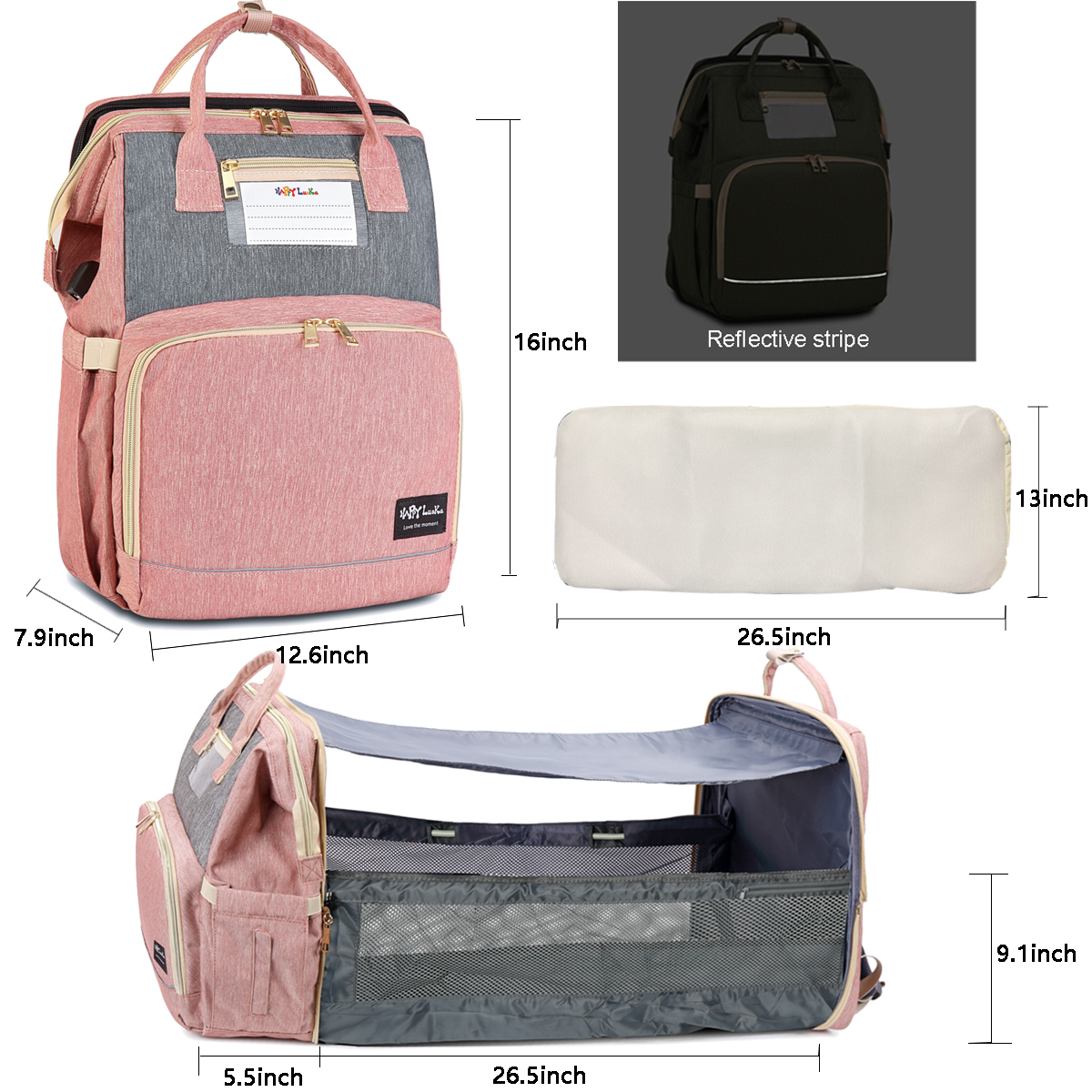 HAPPYLUOKA 3 in 1 Diaper Backpack with Changing Station, Baby Boy Diaper Bags, Baby Girl Nappy Bag, Mauve