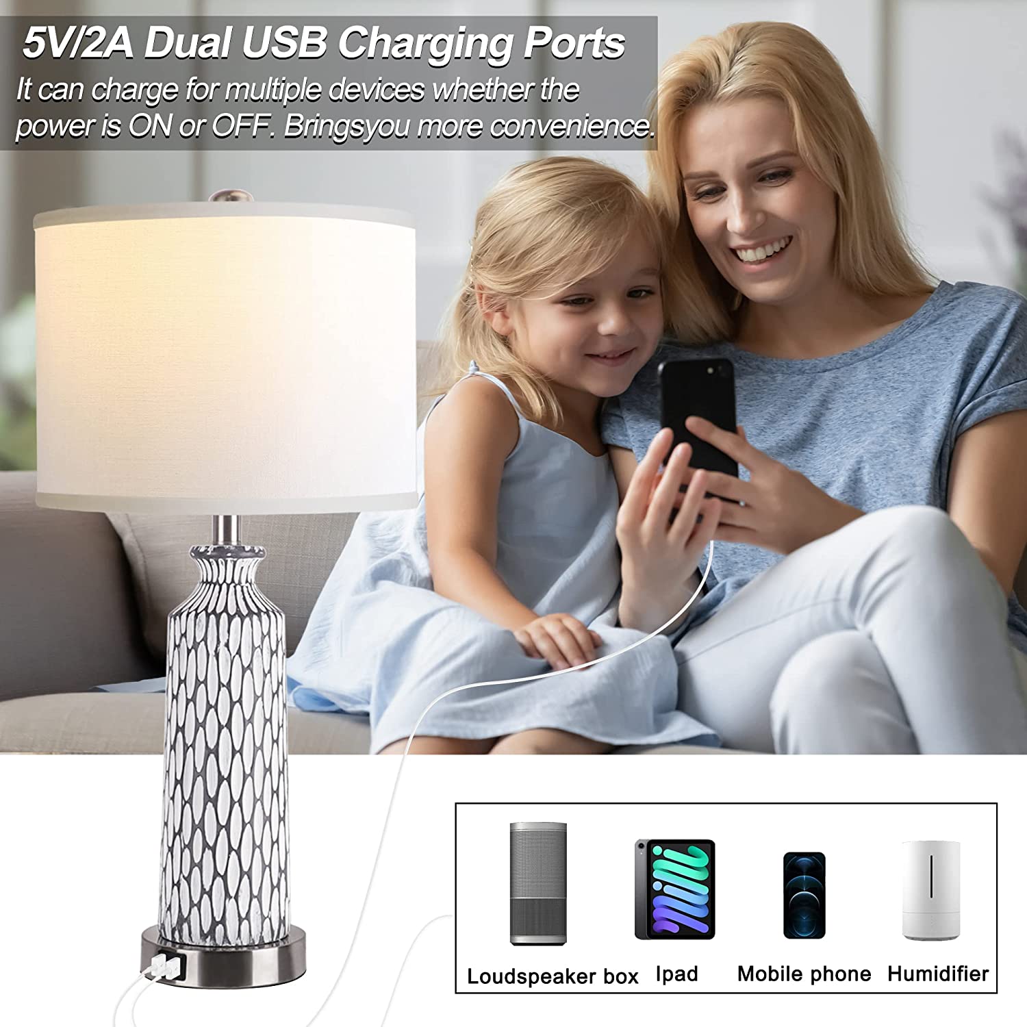 Table Lamp for Living Room with Touch Control,3-Way Dimmable Bedside Lamps  for Bedroom Set of with USB Ports, 26